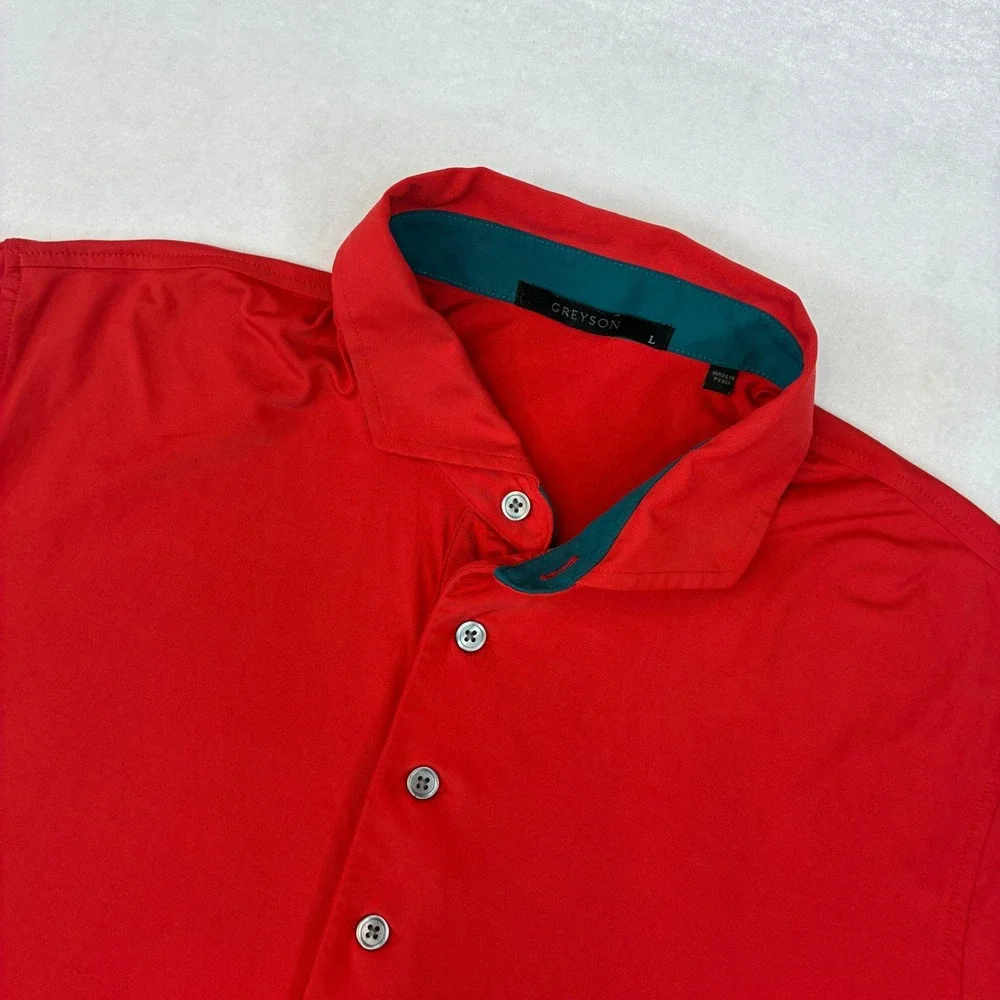 Greyson Polo‎ Shirt Mens Large Red Performance Short Sleeve Wolf Logo Golf Sport